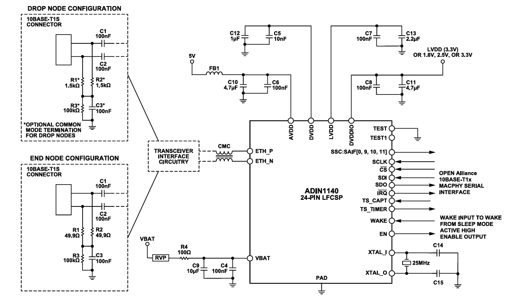 应用电路图 - Analog Devices Inc. ADIN1140 10BASE-T1S MAC-PHY